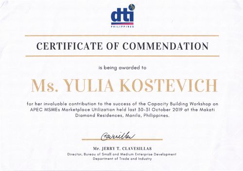 Certificate of commendation from DTI, the Philippines